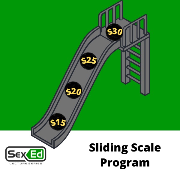 Image features a slide with different prices along the slide. Next to the slide is the text "Sliding Scale Program"