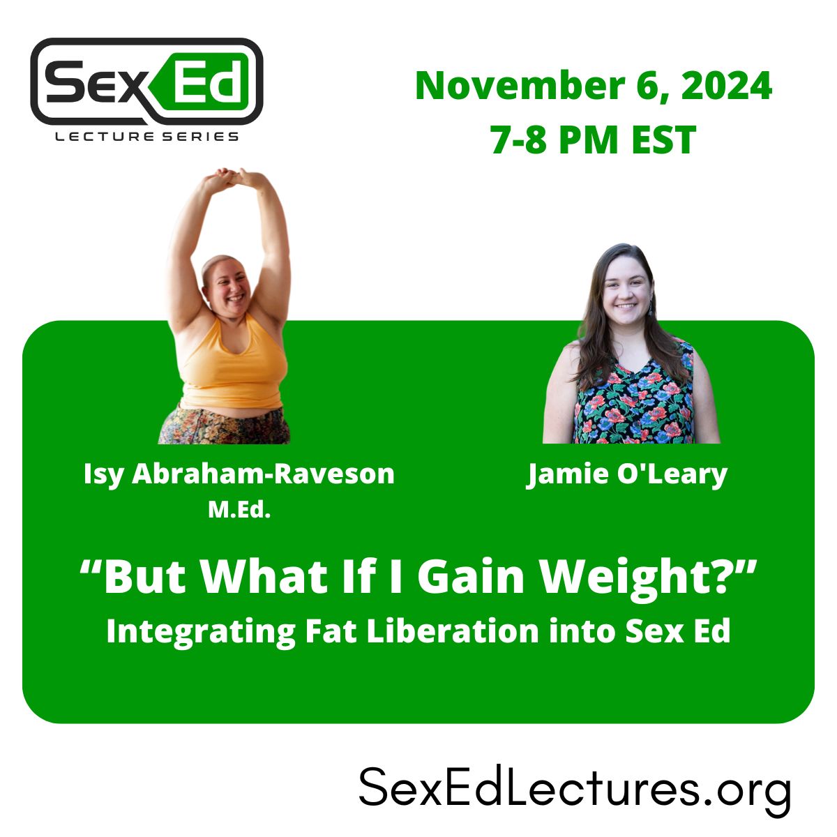 Speaker card for presentation "But What If I Gain Weight?" by Isy Abraham-Ravenson & Jamie O'Leary