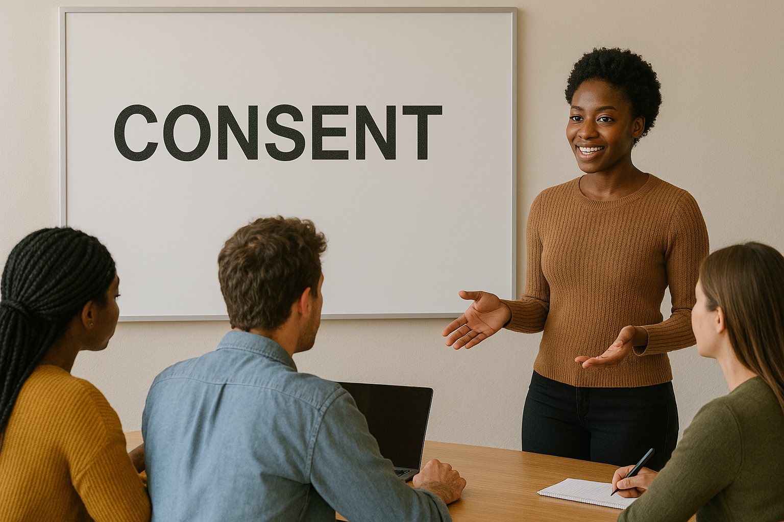 Image features a teacher teaching to students. On the marker board is the text "Consent"