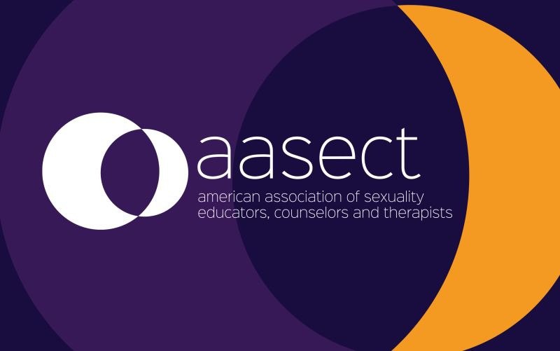 Interlocking white circles on a dark blue background, next to the words "aasect" and "american association of sexuality educators, counselors and therapists"