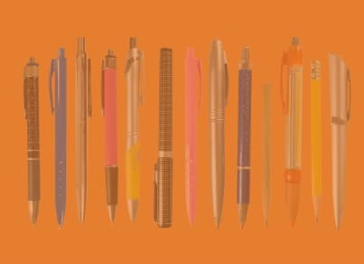 A large number of pens against a plain background